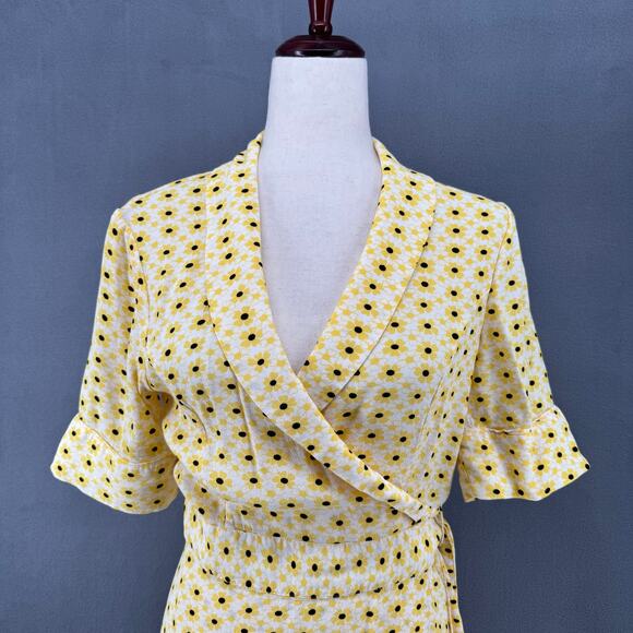 Ganni Crepe Yellow Daisy Floral Midi Wrap Dress 40 V Neck Viscose Tie Waist - Picture 7 of 14